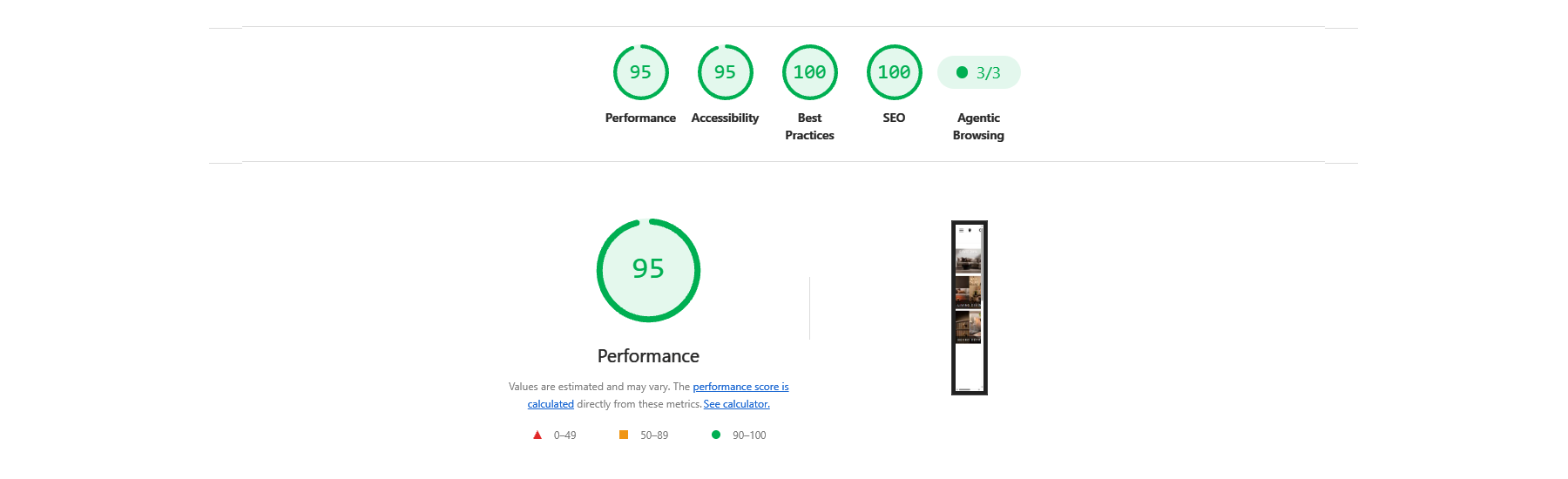 Google Lighthouse report for August Haven showing 95 performance, 95 accessibility, 100 best practices, 100 SEO, and every applicable agentic browsing check passed