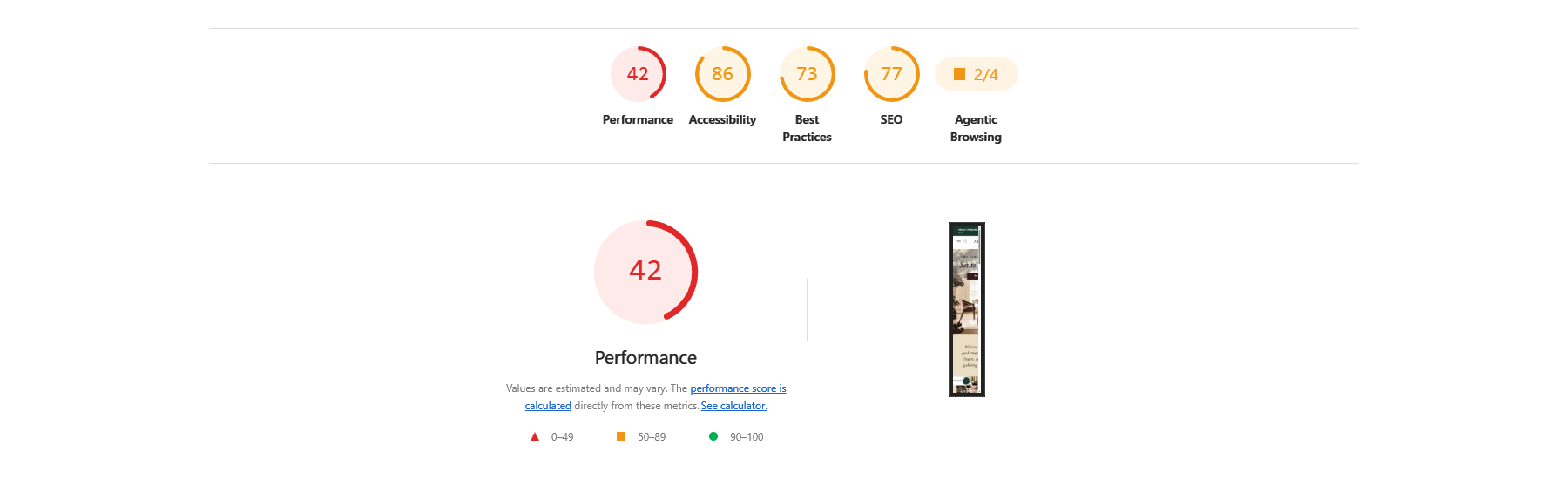Google Lighthouse report for a Top 100 furniture retailer running on a general-purpose ecommerce platform, showing a failing performance score and failed agentic browsing checks