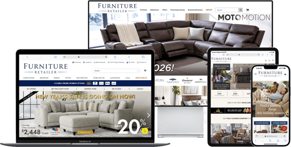 Blueport furniture websites shown across desktop, tablet, and phone