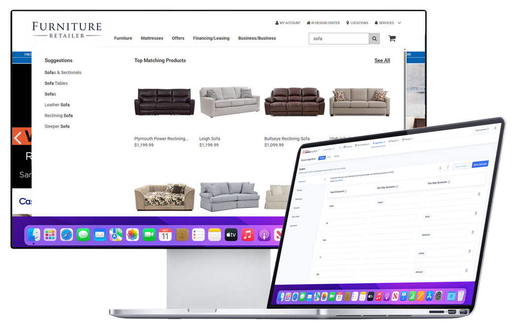 AI powered site search results on a furniture website