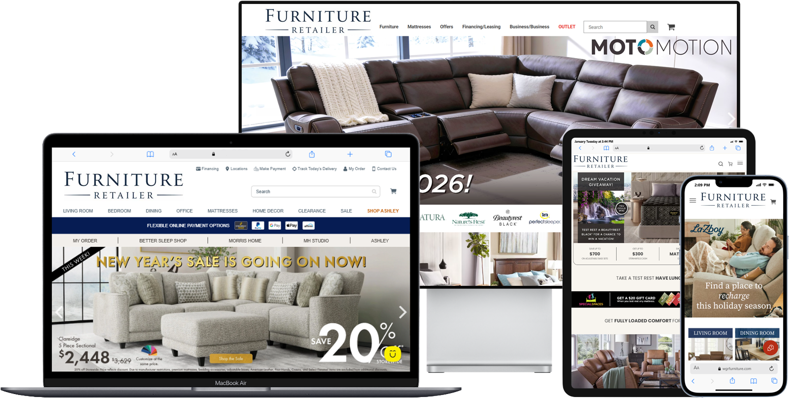 Furniture retail websites shown on desktop, tablet, and phone